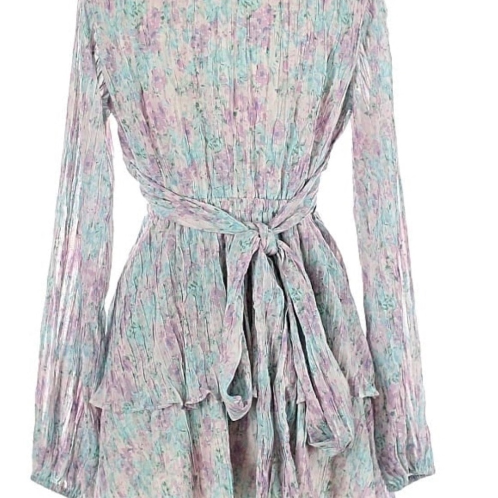 Long Sleeve Deep V Floral Dress in Pastel Lavender and Mint - Picture 2 of 5